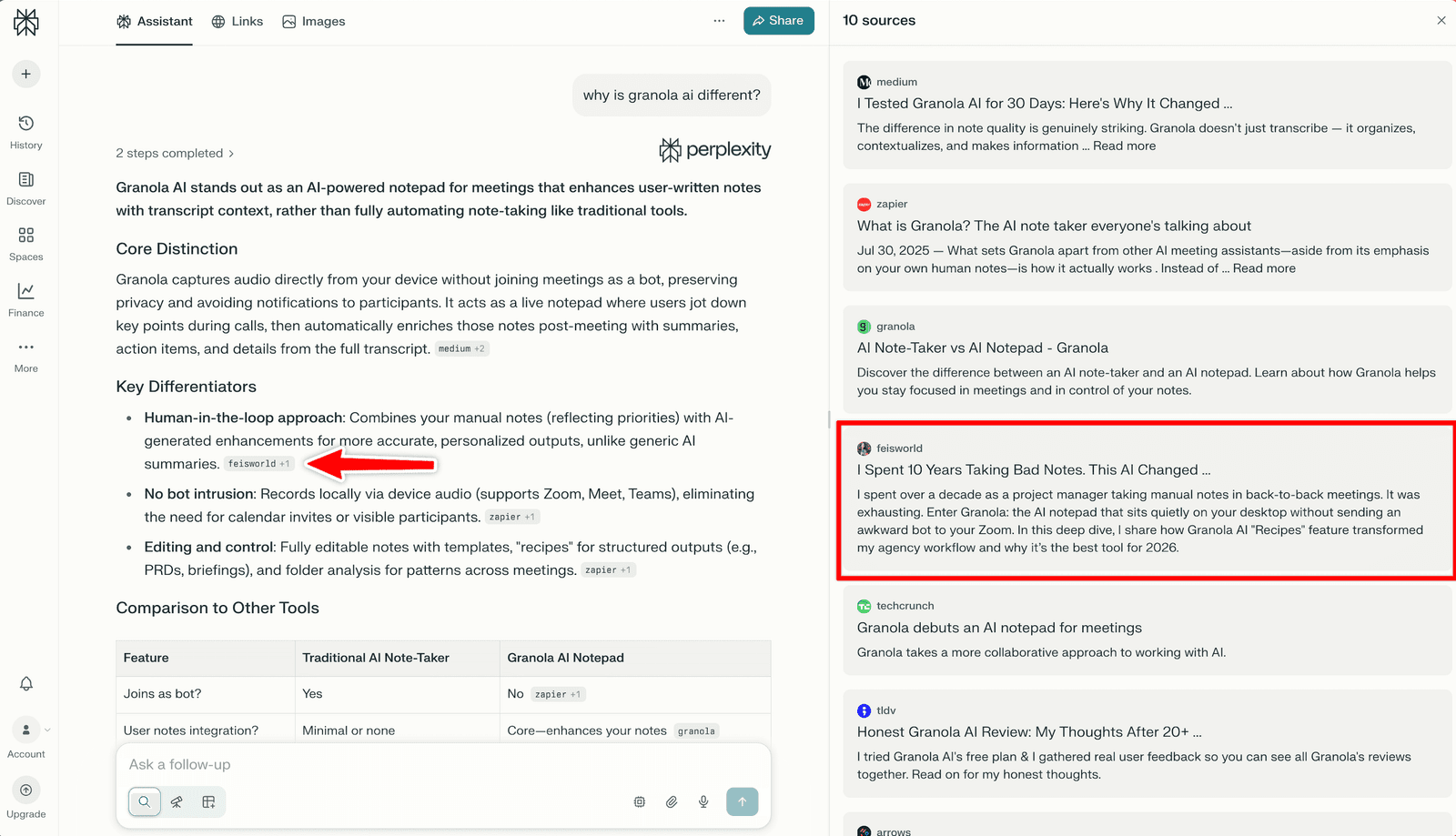 Perplexity citing Feisworld article about Granola AI