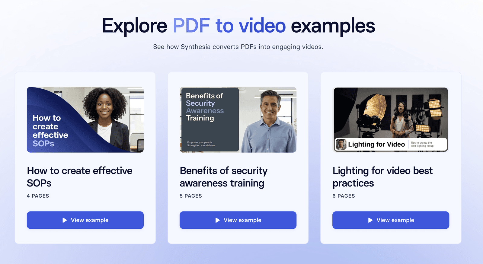 Synthesia PDF to video converter examples.