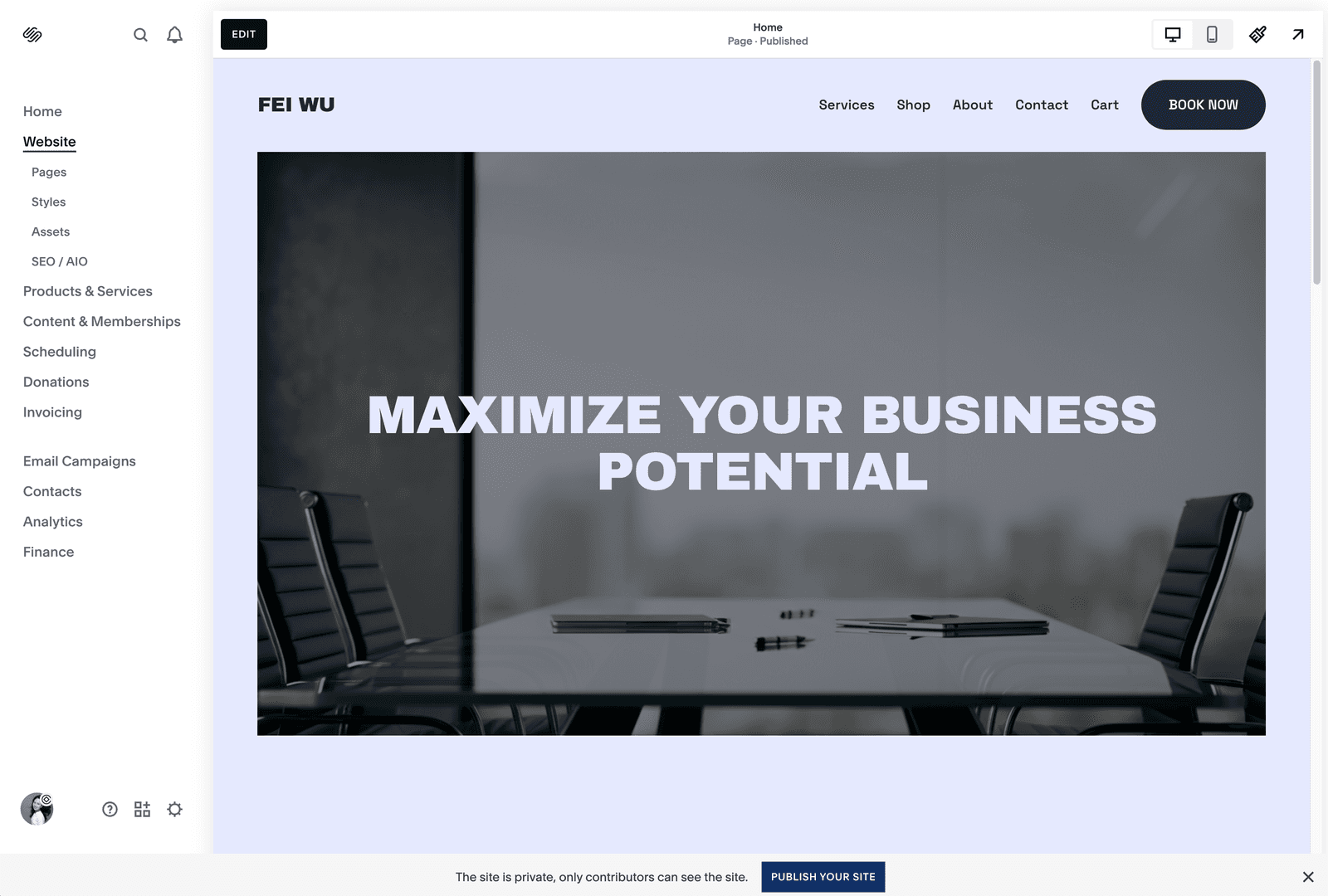 Final site in the Squarespace editor, desktop view showing the completed homepage with bold navy theme
